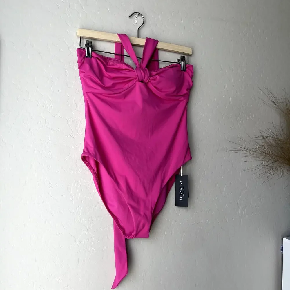 NEW Seafolly Collective Hot Pink Halter Bandeau One Piece‎ Swimsuit Size 10